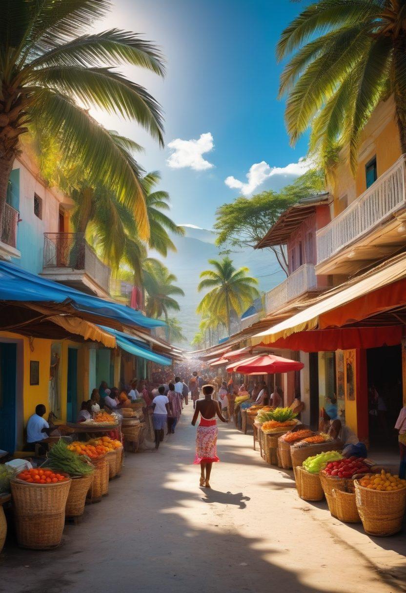 A picturesque scene showcasing the vibrant streets of Haiti filled with colorful buildings and lively street markets, featuring locals engaging in traditional dance and music. Include lush tropical landscapes with palm trees and fresh fruit stalls, evoking a sense of warmth and culture. The sky should be bright blue with fluffy clouds, illuminated by the golden sun. super-realistic. vibrant colors. tropical theme.