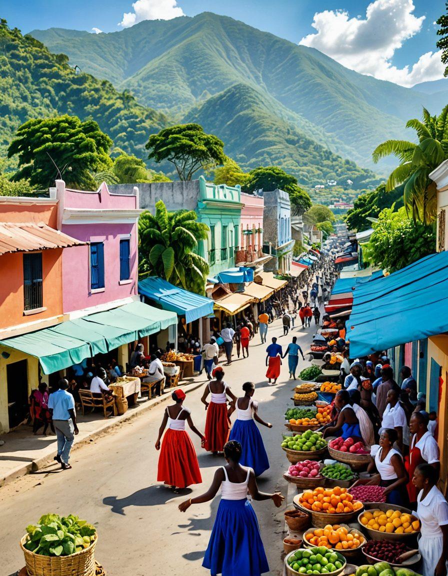 A vibrant street scene in Haiti showcasing colorful colonial architecture, lively locals engaged in traditional dances, and market stalls filled with artisanal crafts and fresh produce. The background features lush green mountains under a bright blue sky, capturing the warmth and spirit of the community. super-realistic. vibrant colors. lively atmosphere.
