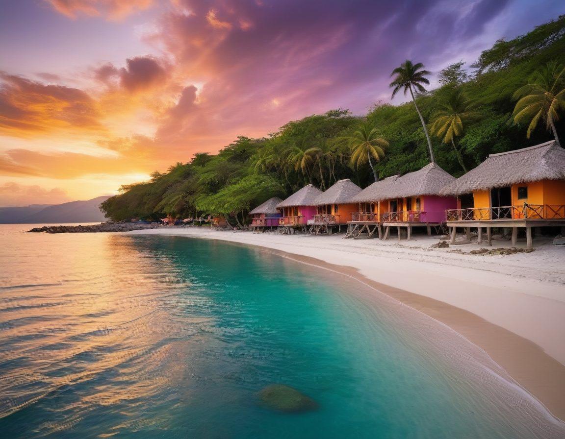 A vibrant beach scene in Haiti showcasing crystal-clear turquoise waters and a stunning sunset, with traditional Haitian thatched-roof cottages dotting the sandy shore. In the foreground, locals dance to rhythmic music while colorful banners and traditional crafts adorn the beach. Showcase the lush green mountains in the background and the rich culture through the vivid attire of the dancers. tropical colors, super-realistic, dynamic composition.